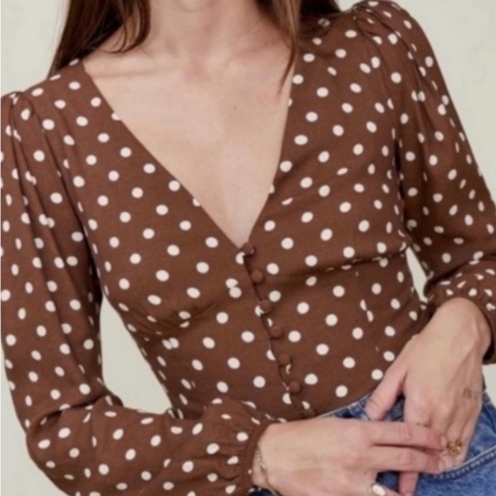 Reformation Nell Brown Polka Dot Blouse, size M